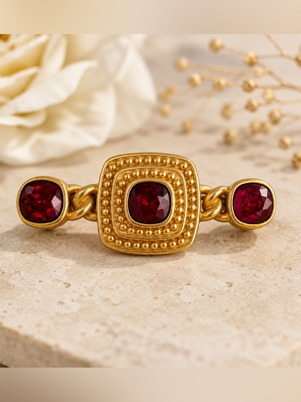Vintage Givenchy Paris Gold Tone Red Crystal Brooch | Signed | 1980s